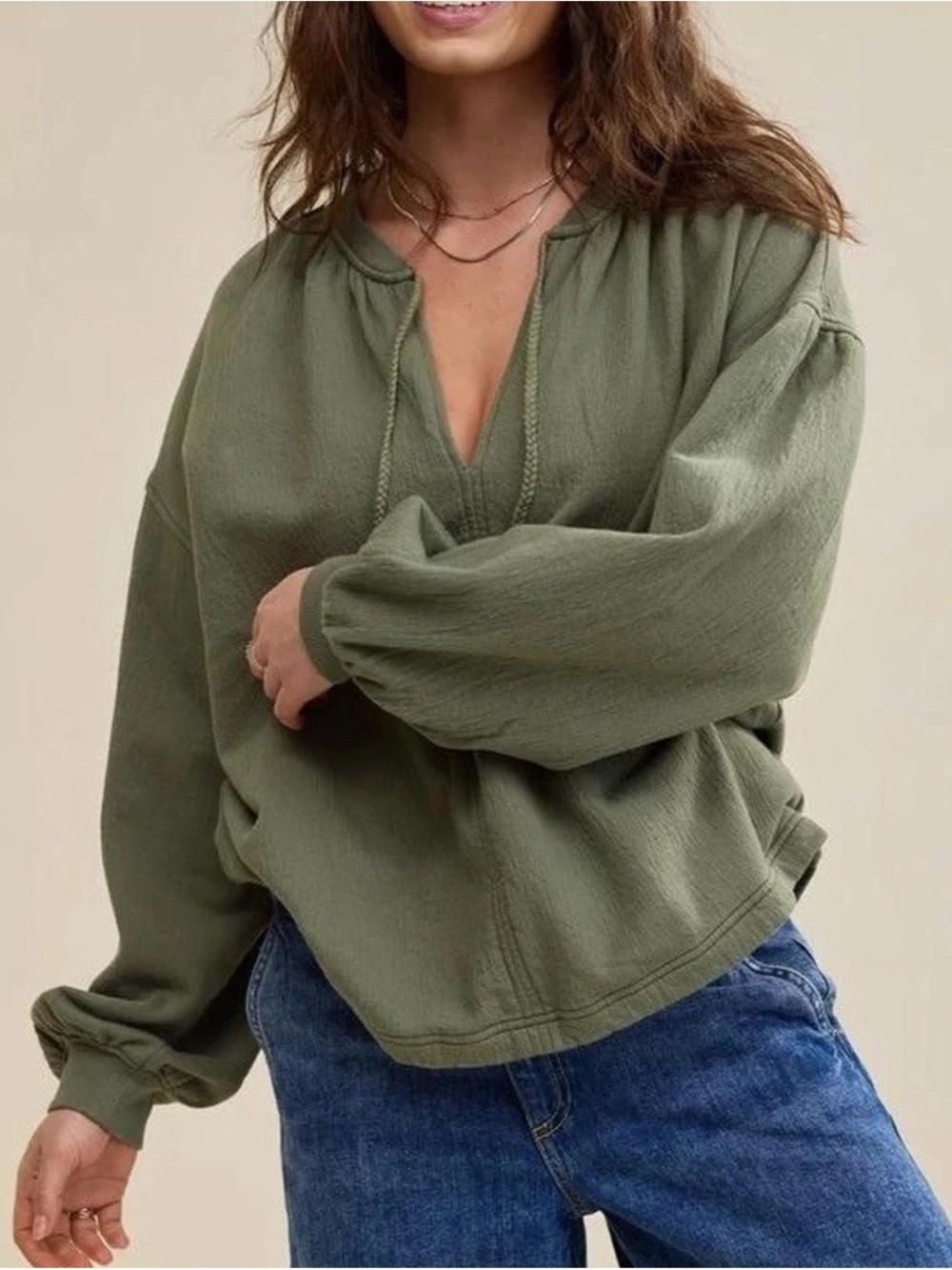 Aerie Easy Street Oversized Slouchy Sweatshirt Peasant Boho Olive Green XS NWT
